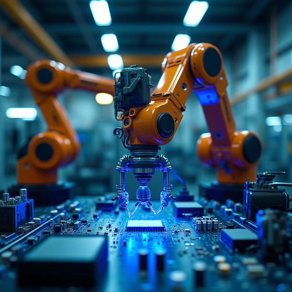 Robot industrial automatizado en línea de producción